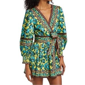 Alice + Olivia Simona Mini Dress Cotton Floral Boho Blue Yellow Sz 8 No Belt